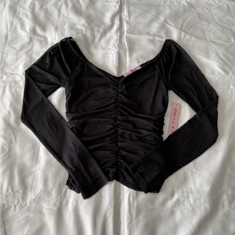 Black Ruched Mesh Long Sleeve Top